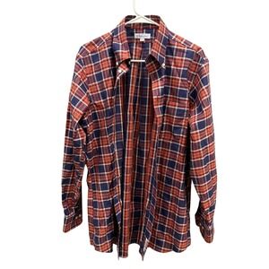 Bullock & Jones Mens Large Plaid Button Down Shirt Navy Red Cotton Made in USA